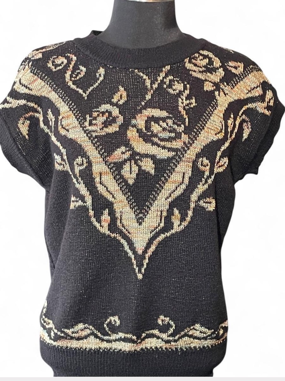 Black Floral Knit Sweater Top - Gold Accent
